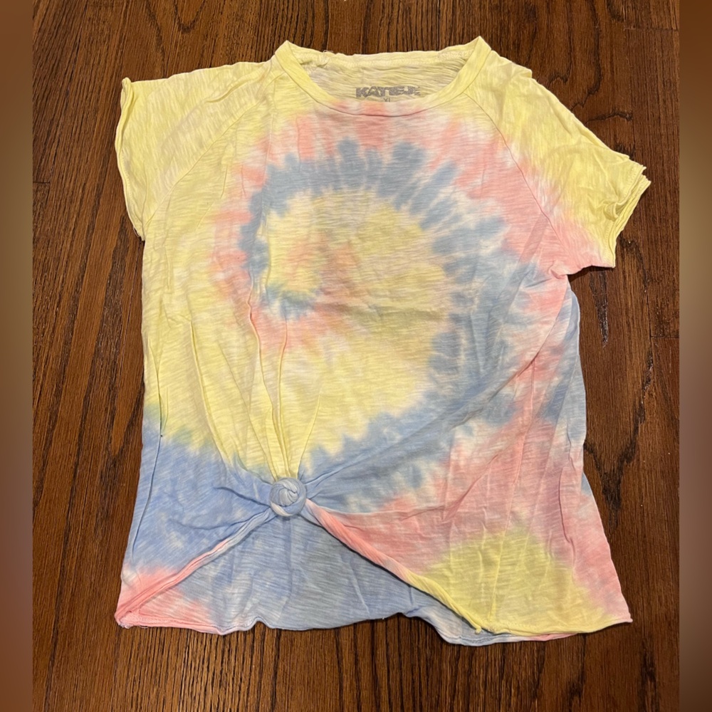 Katie J NYC Pink, Blue, Yellow Tie Dye T-Shirt with Knot